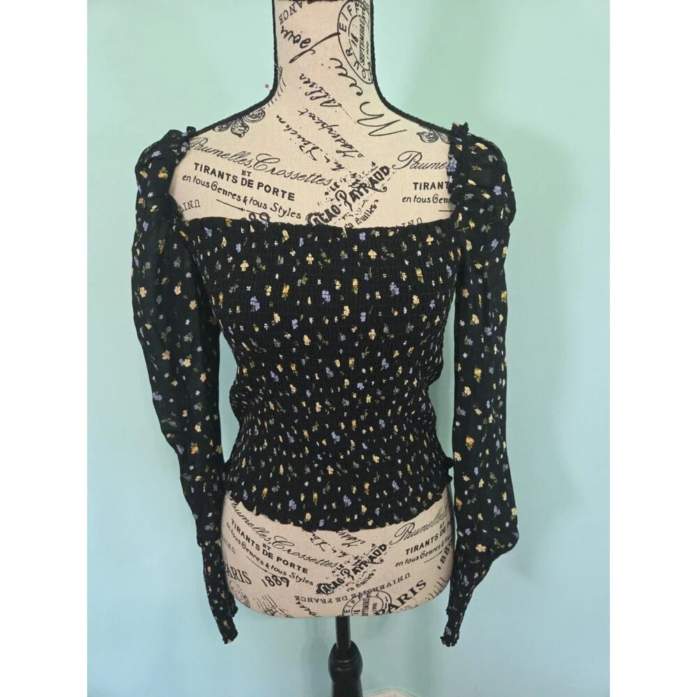 Reformation Pinto Smocked Puff Sleeve Top Freesia Blouse Shirt Black Medium Flor